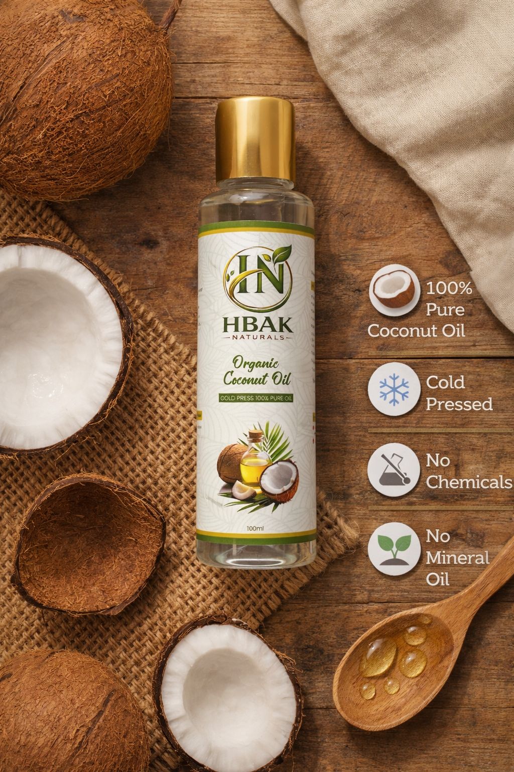 HBAK Naturals Organic Coconut Oil – Cold Pressed, Pure & Chemical-Free (100ml)