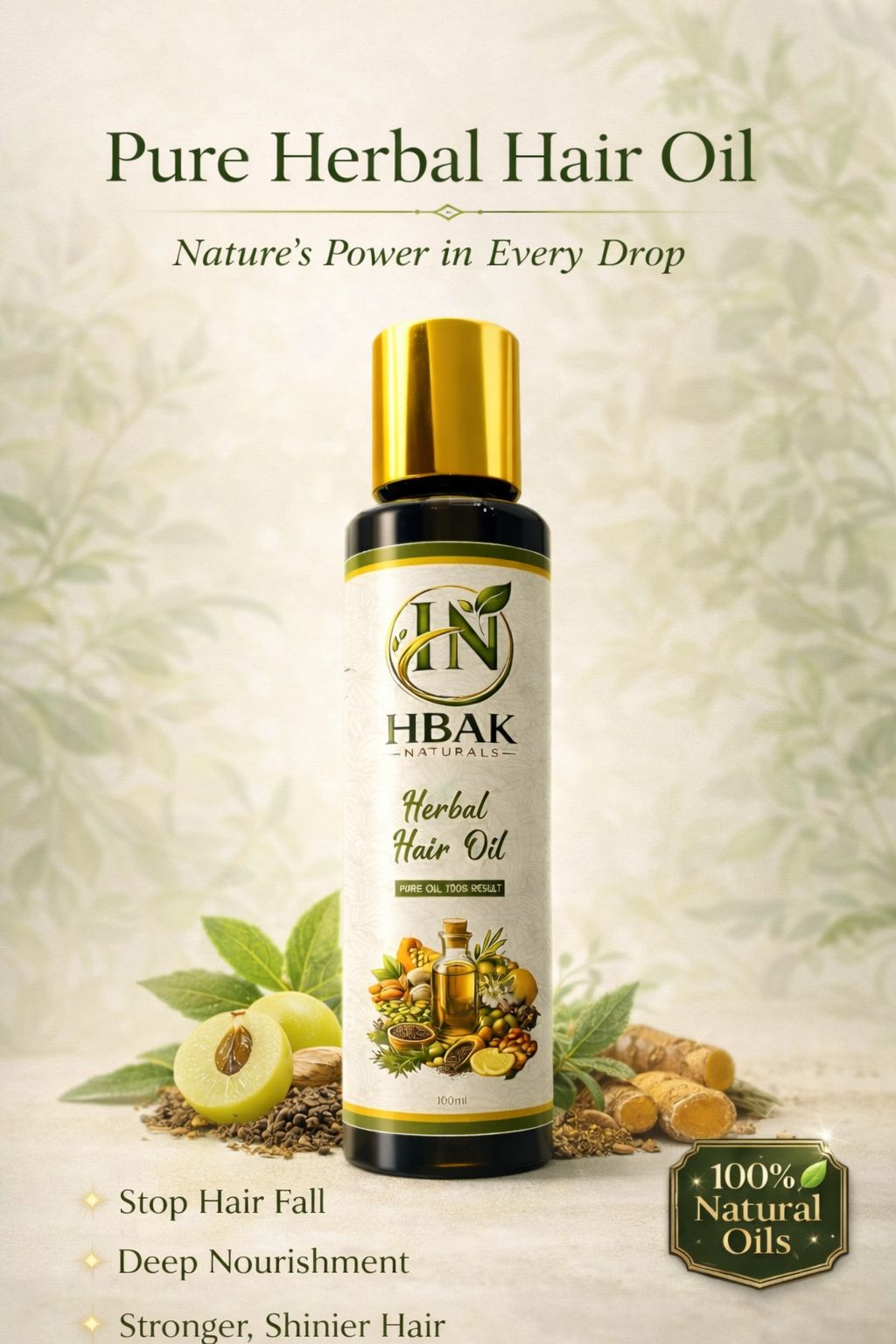 HBAK Naturals Pure Herbal Hair Oil – 12 Powerful Oils for Hair Fall Control, Deep Nourishment & Strong, Shiny Hair (100ml)